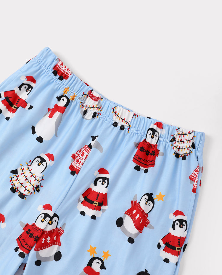 Weihnachts-Pyjamas im Familien-Partnerlook, Pinguin-Print, Blau