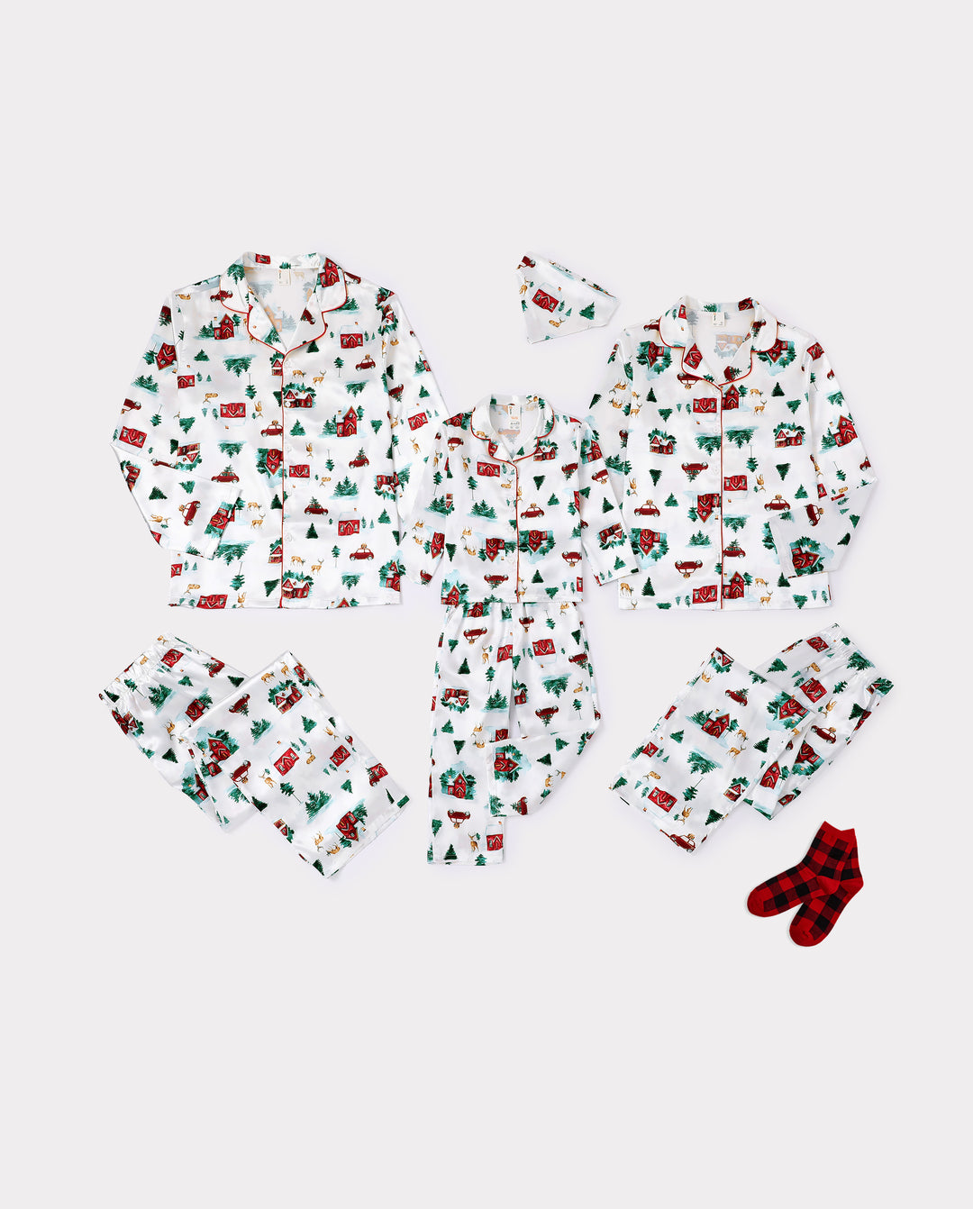 Christmas Matching Family Satin Pajamas Xmas Village Print Multicolor