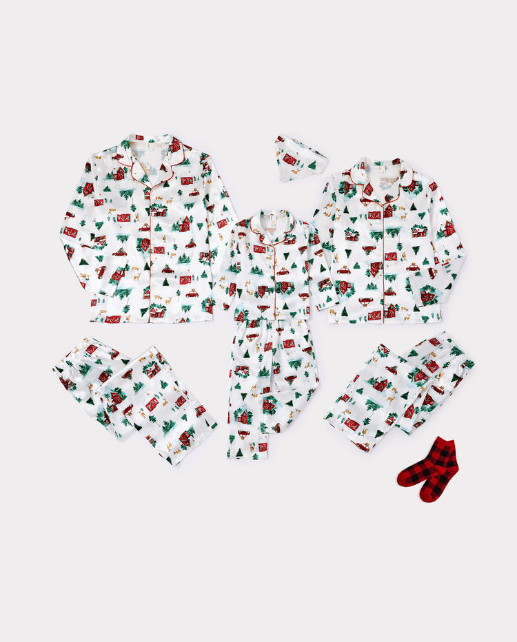 Christmas Matching Family Satin Pajamas Xmas Village Print Multicolor