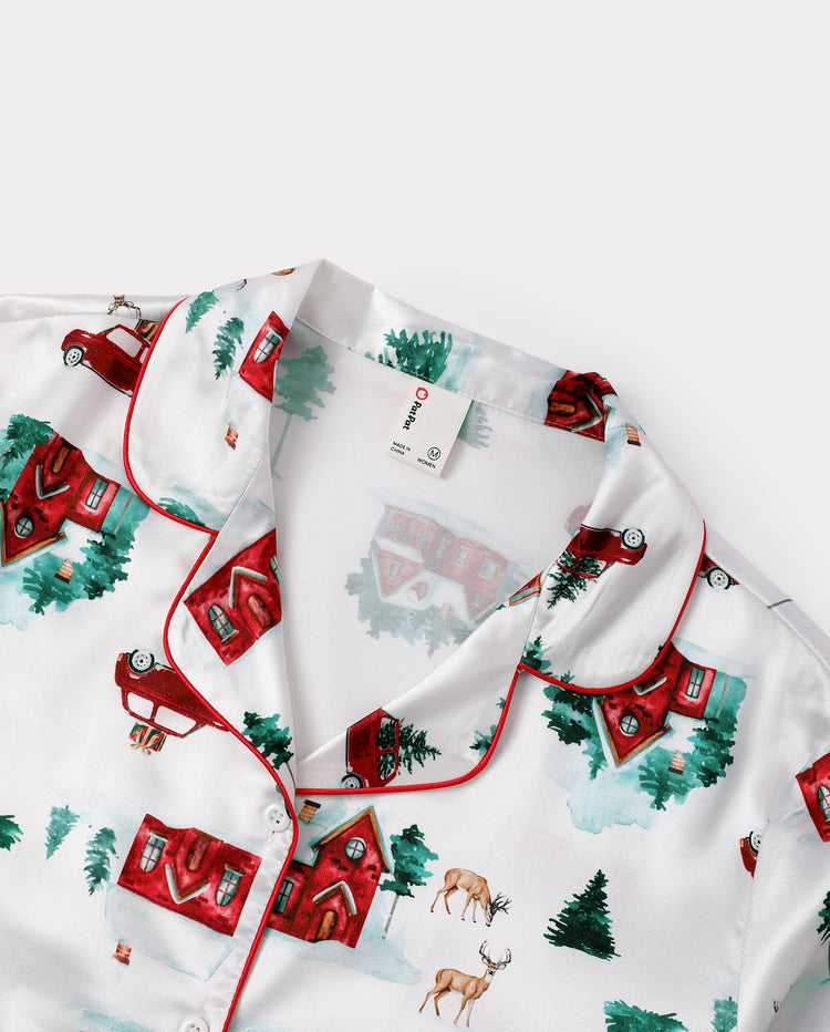 Christmas Matching Family Satin Pajamas Xmas Village Print Multicolor