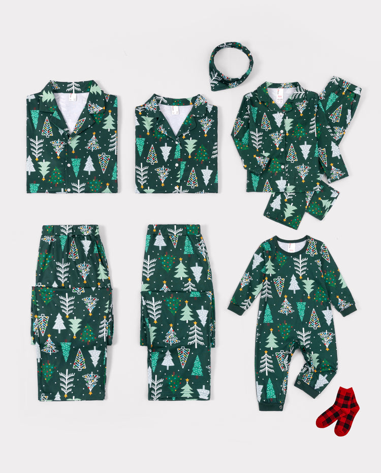 Christmas Matching Family Pajamas Xmas Tree Print Dark Green