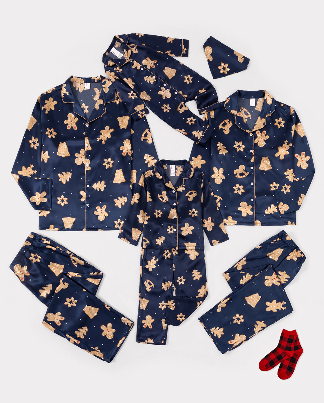 Christmas Matching Family Satin Pajamas Gingerbread Print Navy