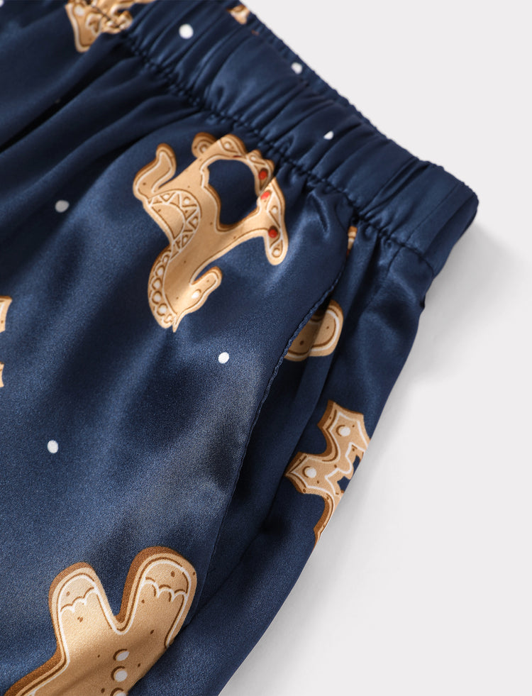 Christmas Matching Family Satin Pajamas Gingerbread Print Navy