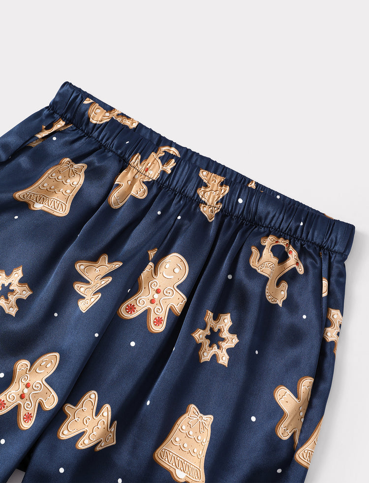 Christmas Matching Family Satin Pajamas Gingerbread Print Navy