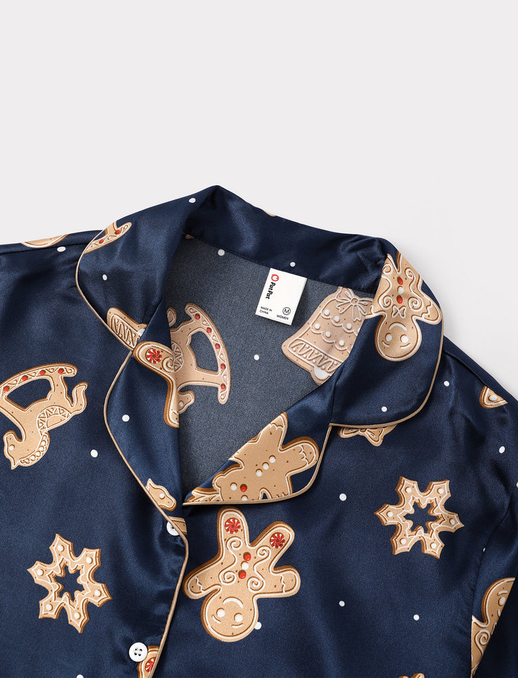 Christmas Matching Family Satin Pajamas Gingerbread Print Navy