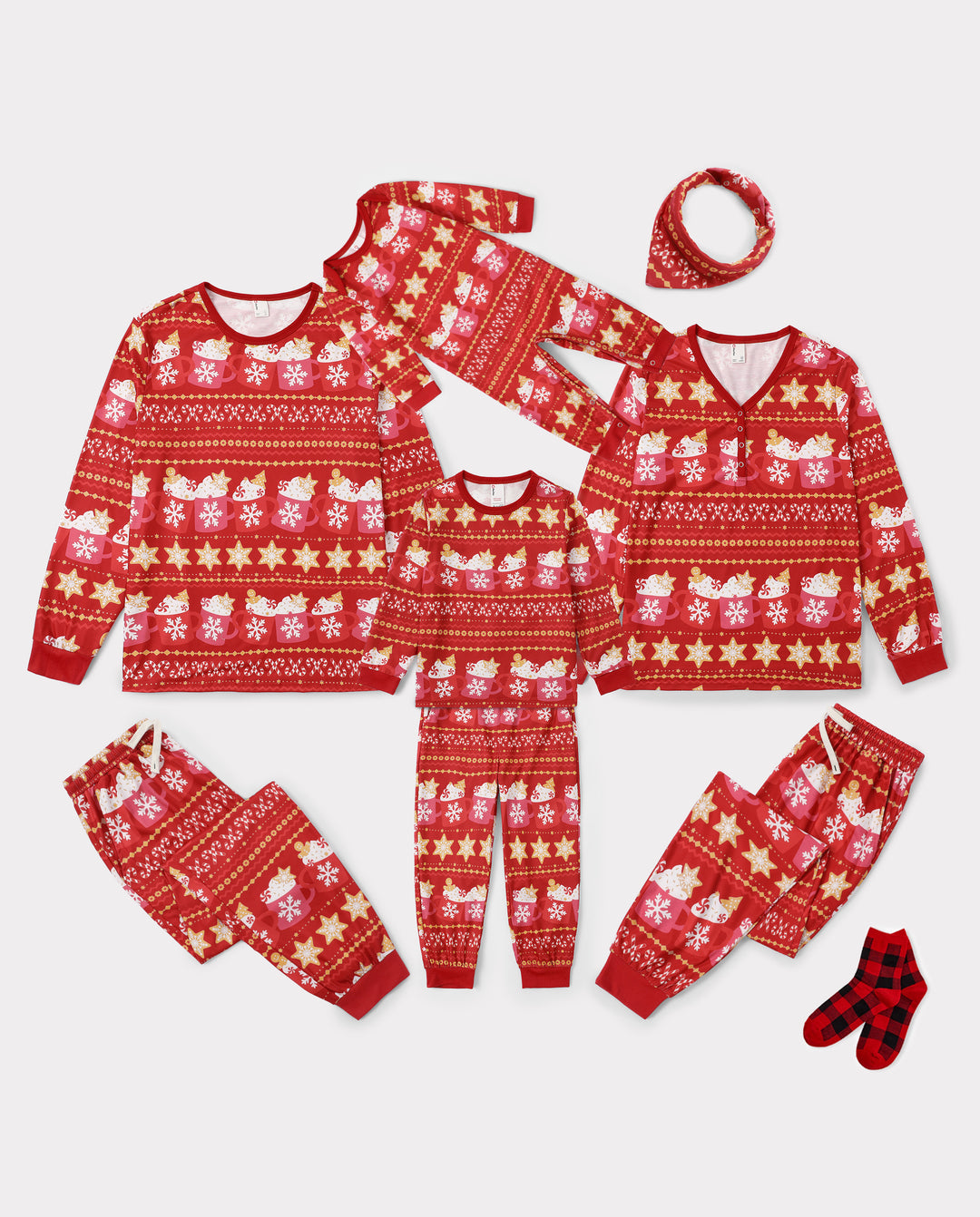 Pyjamas de Noël assortis pour la famille, imprimé motif Fair Isle et mug, rouge