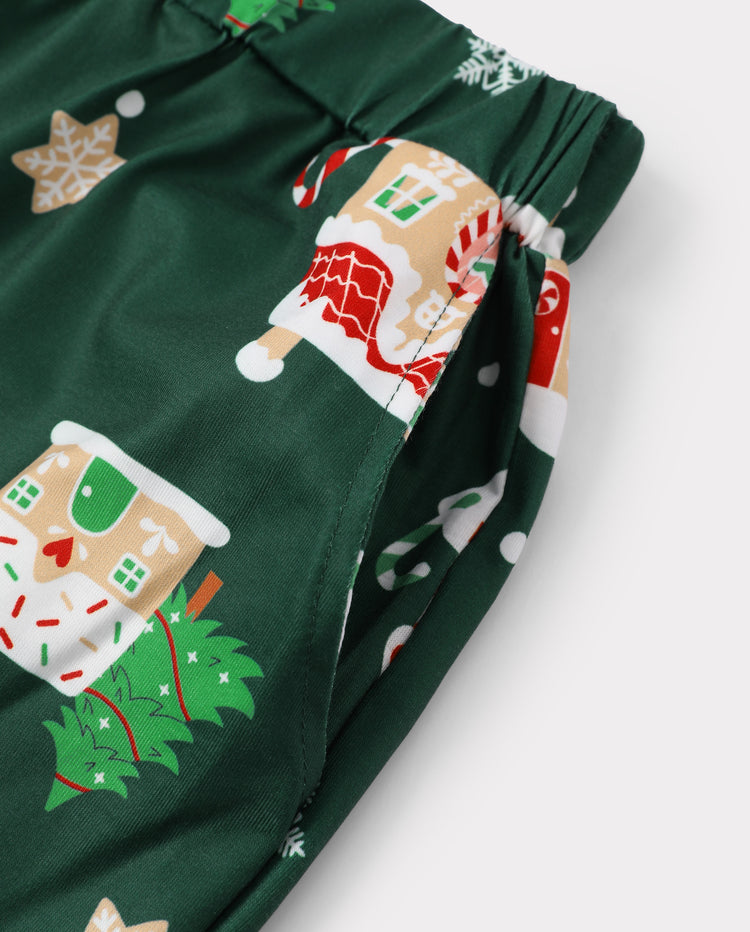 Christmas Matching Family Pajamas Gingerbread House Print Green