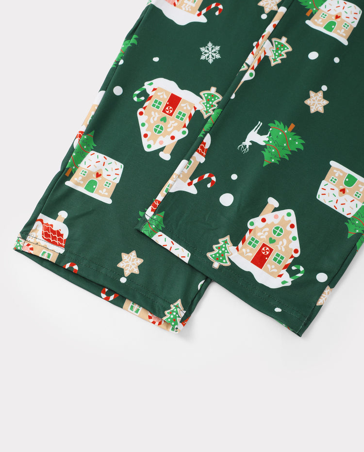 Christmas Matching Family Pajamas Gingerbread House Print Green