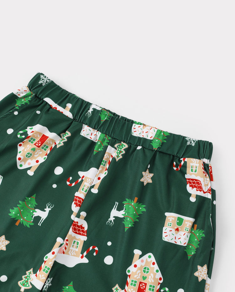 Christmas Matching Family Pajamas Gingerbread House Print Green