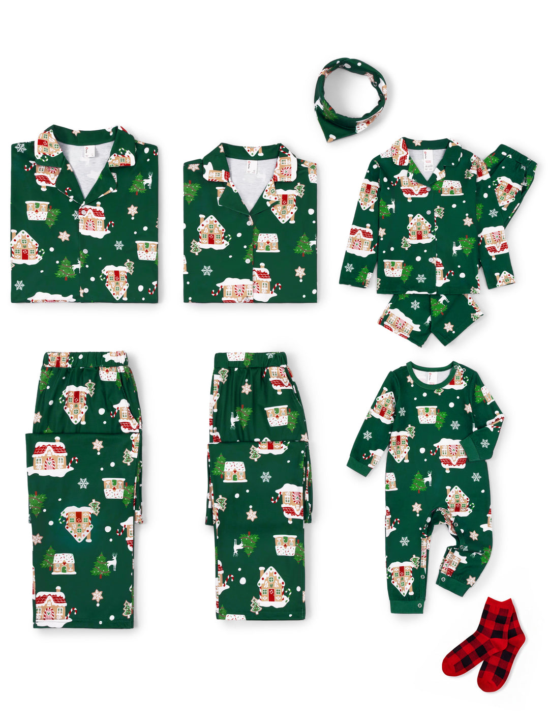 Weihnachts-Pyjamas im Partnerlook für die ganze Familie, Lebkuchenhaus-Print, Grün
