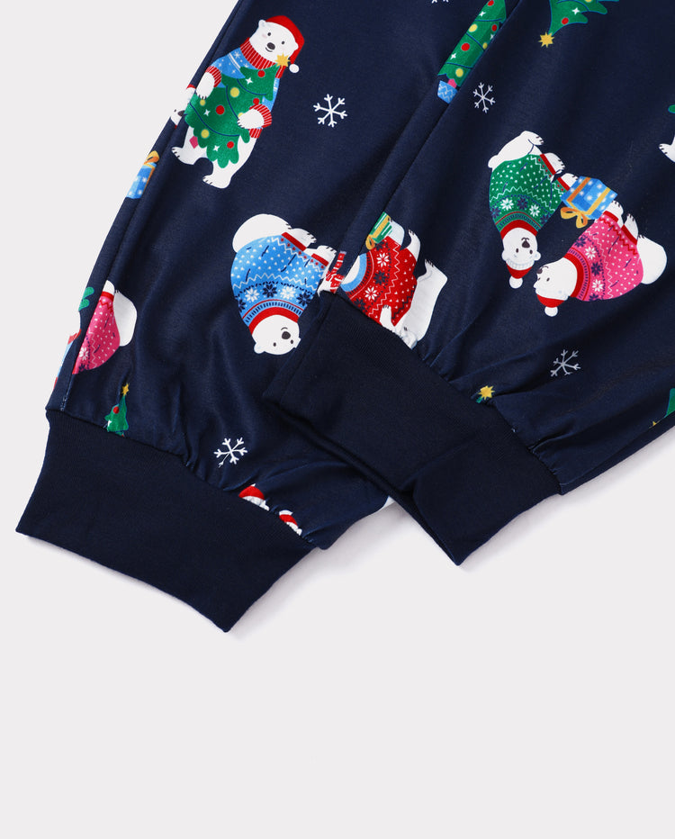 Aufeinander abgestimmte Weihnachts-Pyjamas für die ganze Familie mit Eisbär- und Weihnachtsbaum-Aufdruck in Marineblau