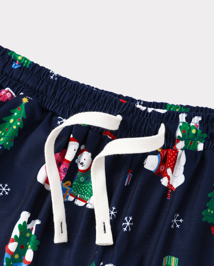 Aufeinander abgestimmte Weihnachts-Pyjamas für die ganze Familie mit Eisbär- und Weihnachtsbaum-Aufdruck in Marineblau