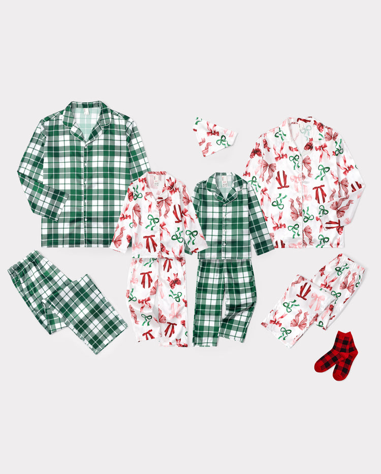 Pyjamas de Noël assortis pour toute la famille, imprimé nœuds et carreaux, satin multicolore