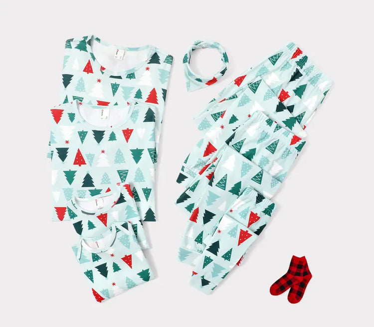 Pyjamas de Noël assortis pour toute la famille, motif sapin de Noël, coton bleu