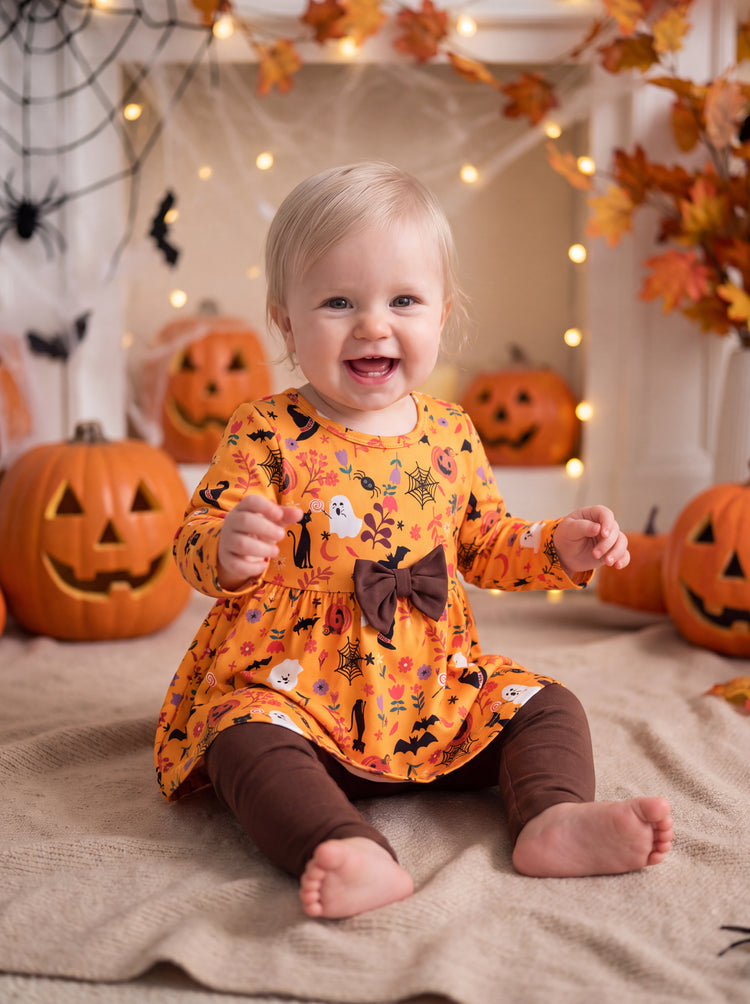 Halloween Baby Girl Bow Dress Leggings Set Orange