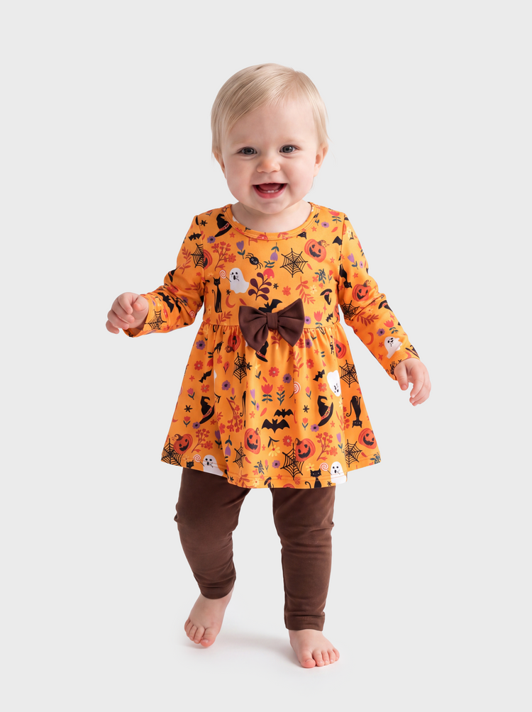 Halloween Baby Girl Bow Dress Leggings Set Orange