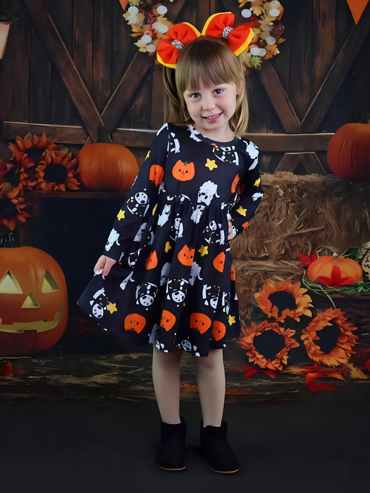 Langarmkleid mit Halloween-Geisterdruck für Kleinkinder schwarz