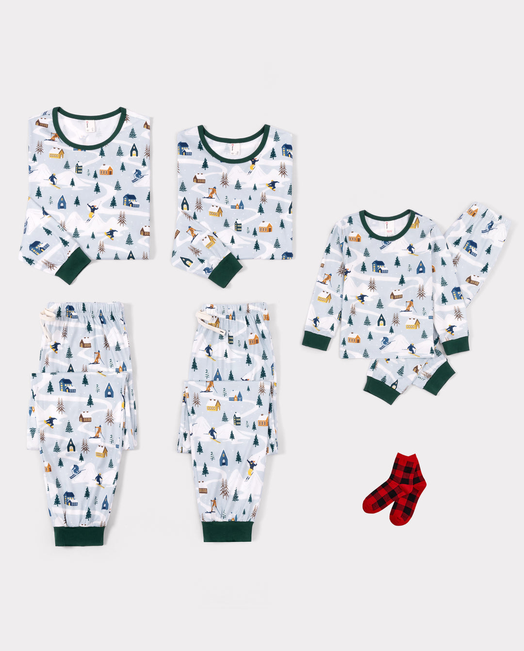 Pijamas navideños a juego para toda la familia, estampado de pueblo navideño, verde, pijamas navideños