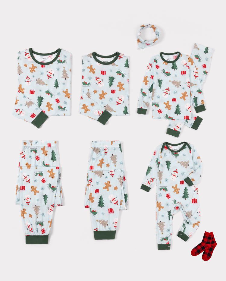 Pyjamas de Noël assortis pour toute la famille, imprimé pain d’épice et sapins, bambou vert