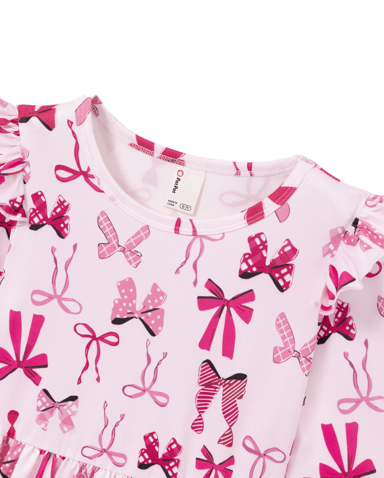 Christmas Toddler/Kids Girl Bow Flutter Sleeve Dress Pink