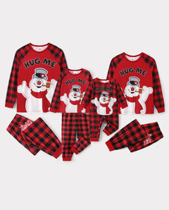 Pijamas navideños familiares a juego de Frosty el Hombre de Nieve con estampado «Abrázame», cuadros rojos