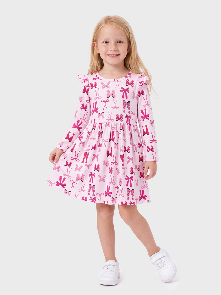 Christmas Toddler/Kids Girl Bow Flutter Sleeve Dress Pink