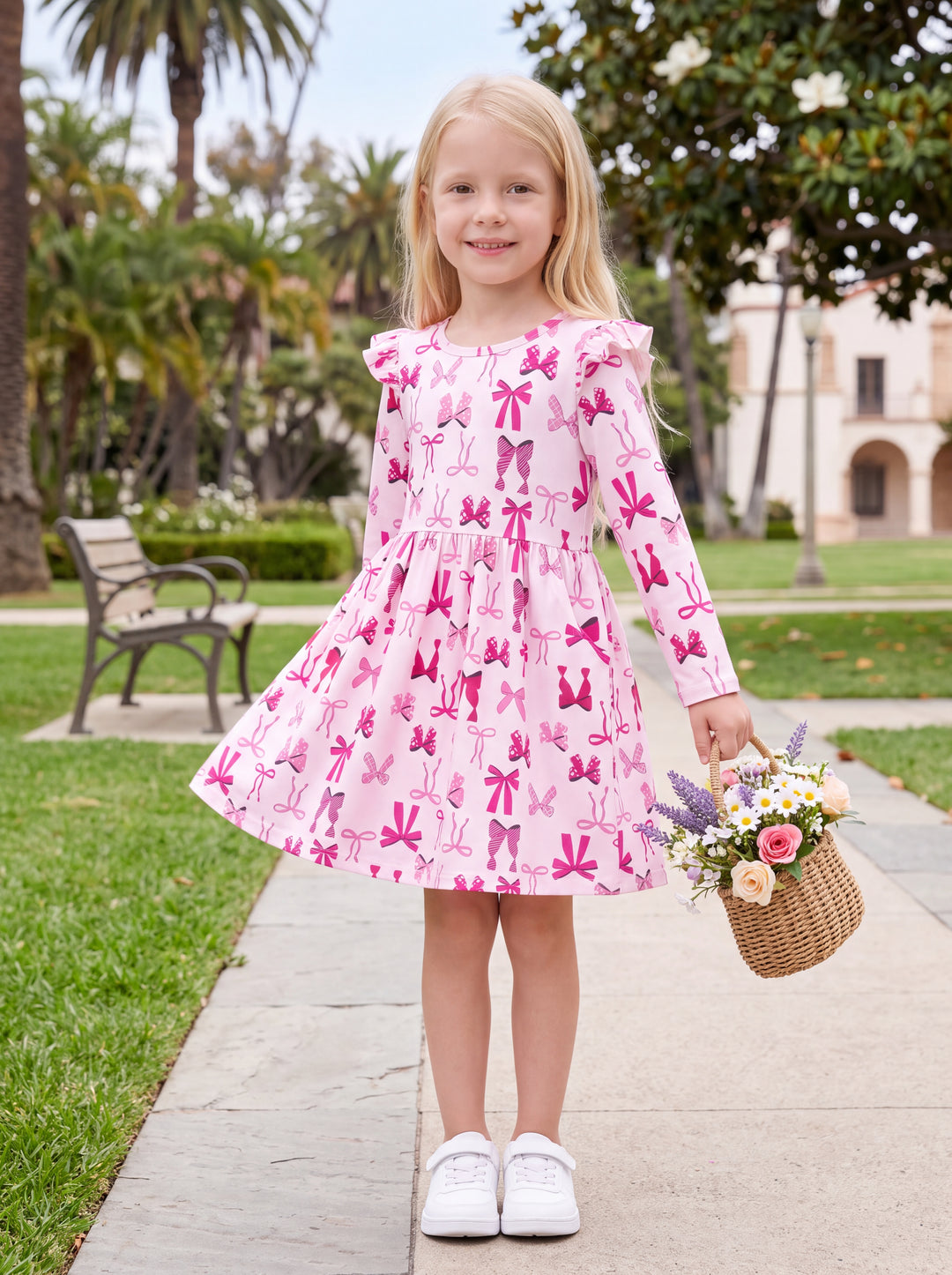 Christmas Toddler/Kids Girl Bow Flutter Sleeve Dress Pink
