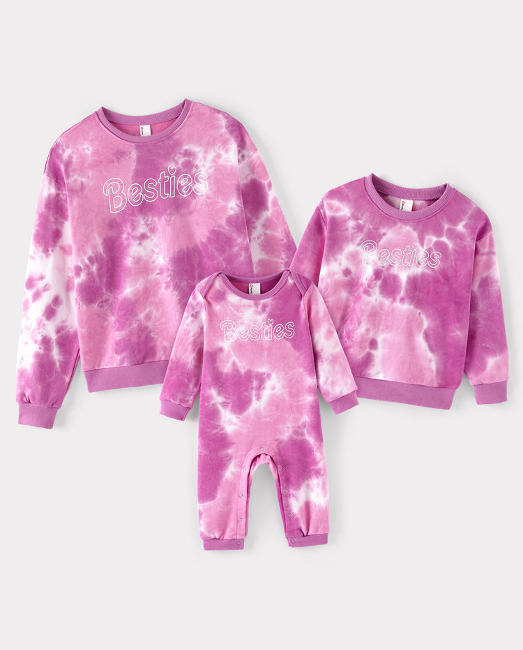 Mommy and Me Besties Tie-Dye Sweatshirts & Baby Romper Pink purple