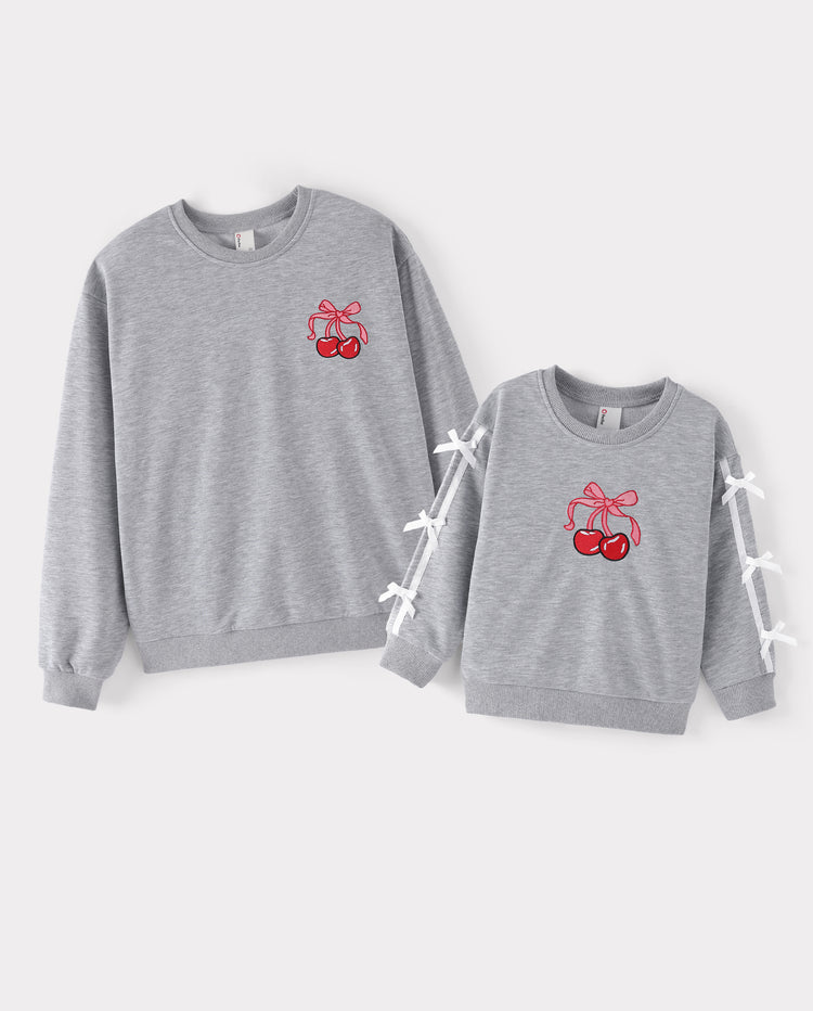 Mommy and Me Cherry Bow Crewneck Sweatshirts Grey