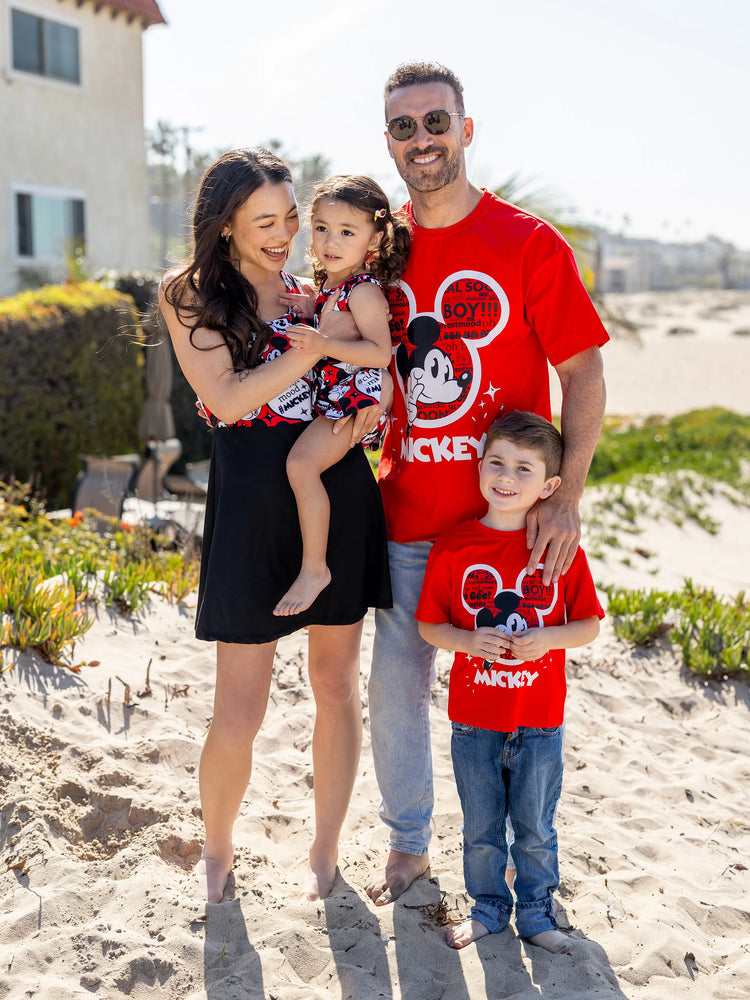 Mommy and Me Disney Mickey and Friends Family matching 1pc Mickey Mouse Graffiti Cotton T-shirt or Colorblock Dress or Naia™ Allover Romper  Red