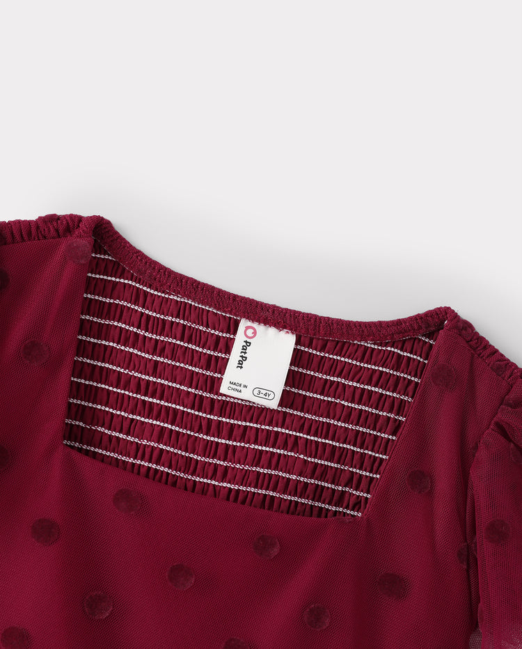 Family Matching Polka Dot Mesh Tiered Dresses & Plaid Long-Sleeve Shirts