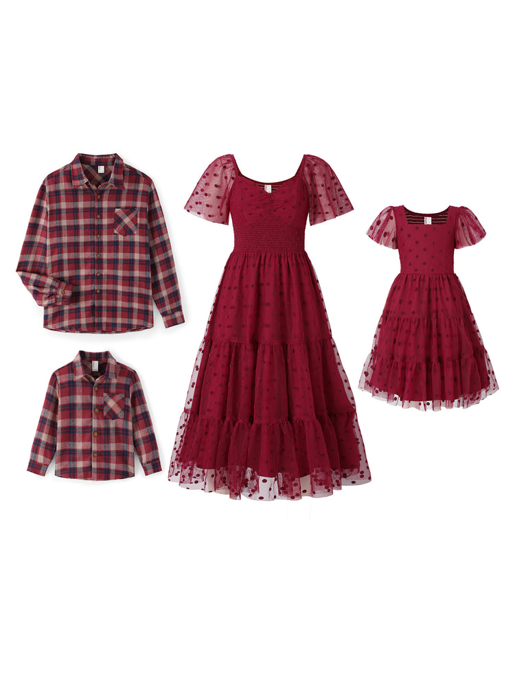 Family Matching Polka Dot Mesh Tiered Dresses & Plaid Long-Sleeve Shirts
