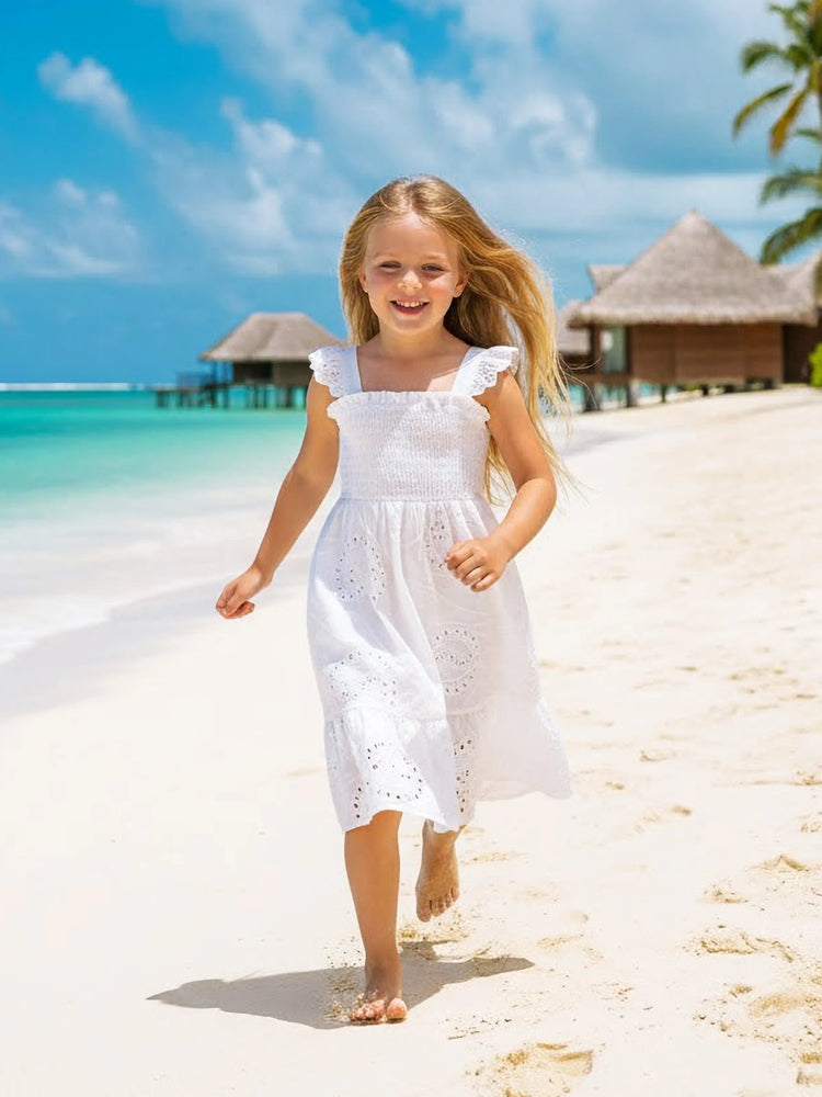 Matching Mom & Me Cotton Dress Eyelet Smocked Dresses with Ruffled Straps, Perfect for Summer Outings & Family Photos White