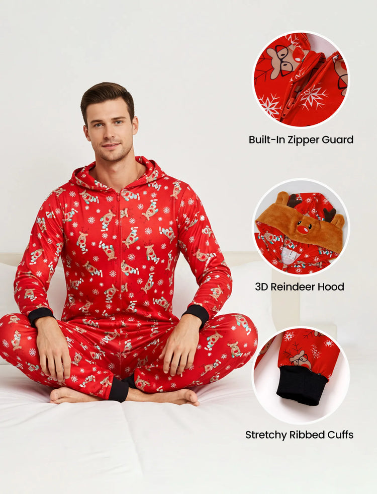 Christmas Matching Family Pajamas Set 3D Reindeer Hooded Allover Reindeer Print Onesie PJS with Christmas Socks Red