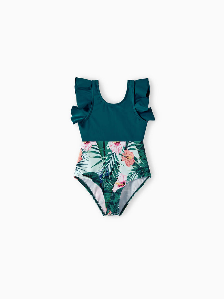 Toddler Girl Plant Print Ruffle Trim Spliced One-piece Swimsuit or Swim Trunks Green