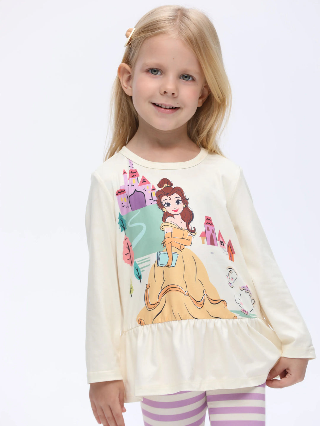 Conjunto de 2 piezas de camiseta peplum con estampado de Bella y pantalón a rayas para niña pequeña de Disney Princess, amarillo