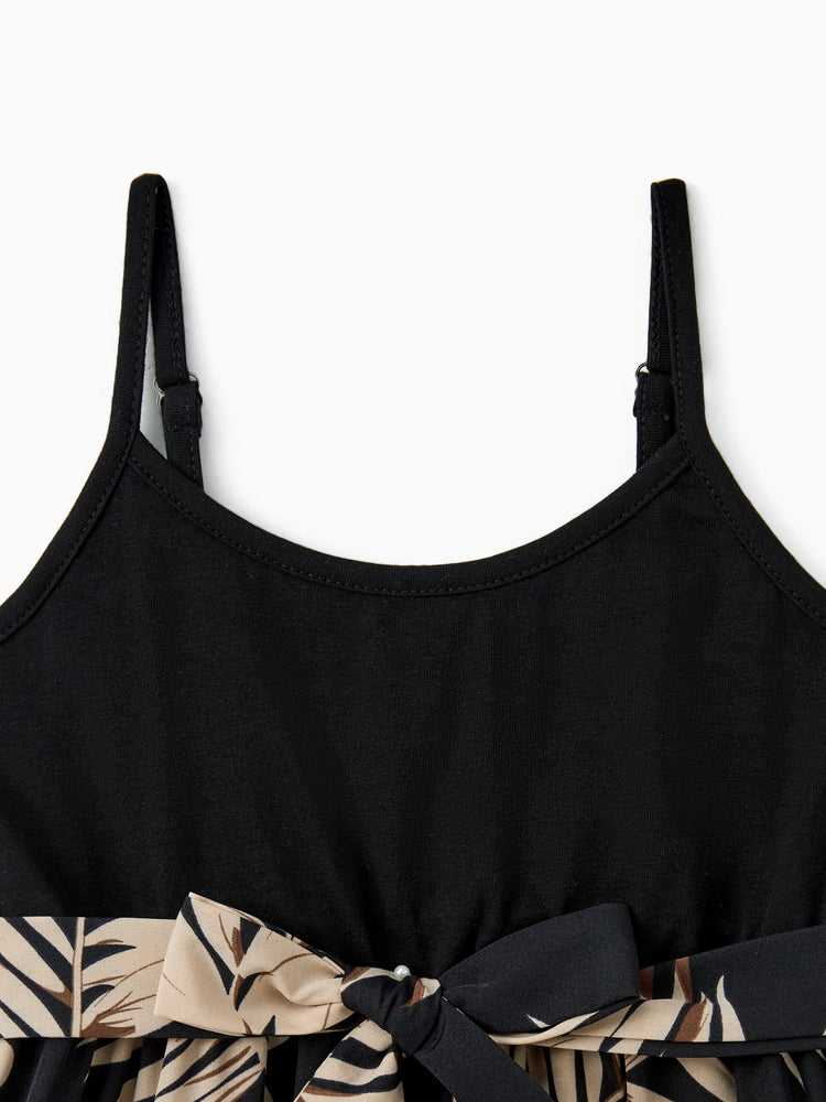 Mommy and Me Family Matching Floral Print Belted Cami Dresses And Solid Short Sleeve Tops Sets Black