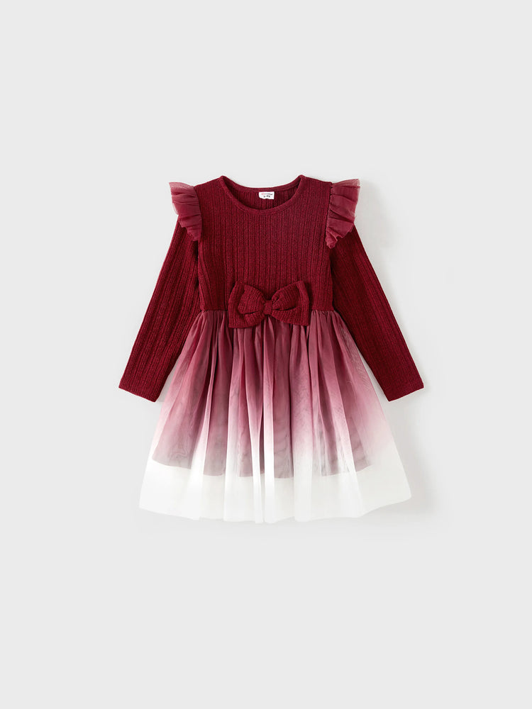Family Matching Color-block Tops and Flutter Mesh Dresses Sets Burgundy
