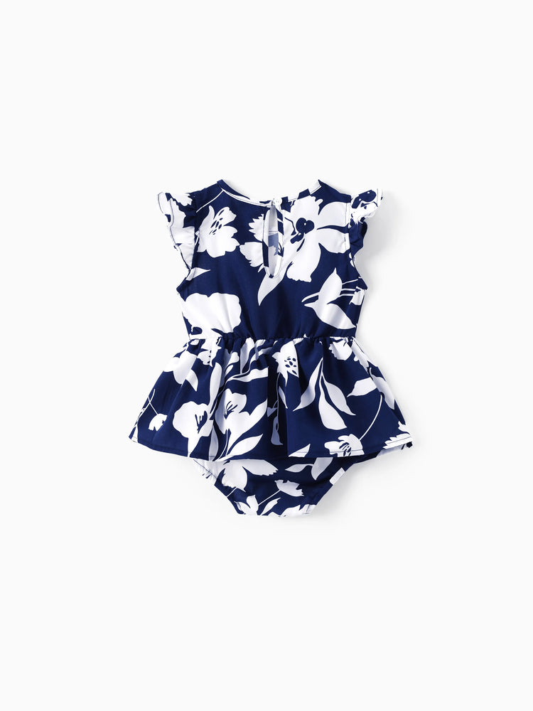 Ensemble familial assorti avec chemise à manches courtes ou robe froncée à imprimé feuilles bleu