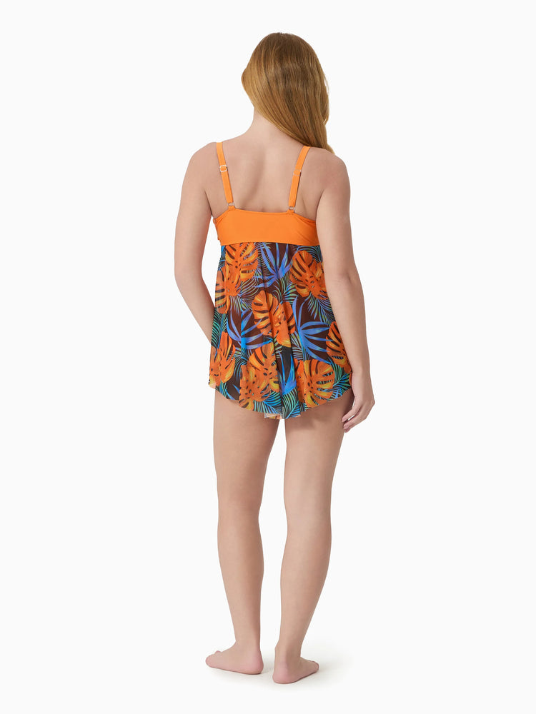 Traje de baño familiar a juego con cordón floral o traje de baño de una pieza de malla fluida con empalmes, color naranja