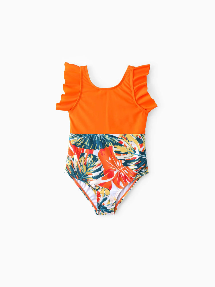 Family Matching Orange and All Over Tropical Plant Print Splicing Ruffle One-Piece Swimsuit and Swim Trunks Shorts Orange color