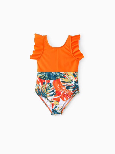 Toddler Girl Orange and All Over Tropical Plant Print Splicing Ruffle One-Piece Swimsuit Orange color