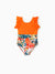 Toddler Girl Orange and All Over Tropical Plant Print Splicing Ruffle One-Piece Swimsuit Orange color