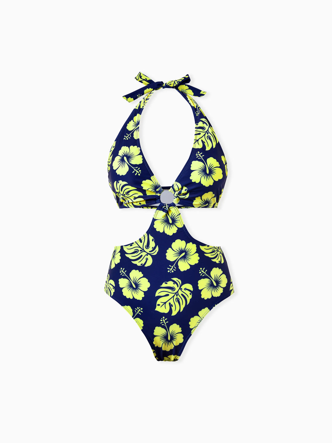 Trajes de Baño a Juego para Familia Estampado Floral Tropical Bikini Halter y Bañador Corto Azul Profundo