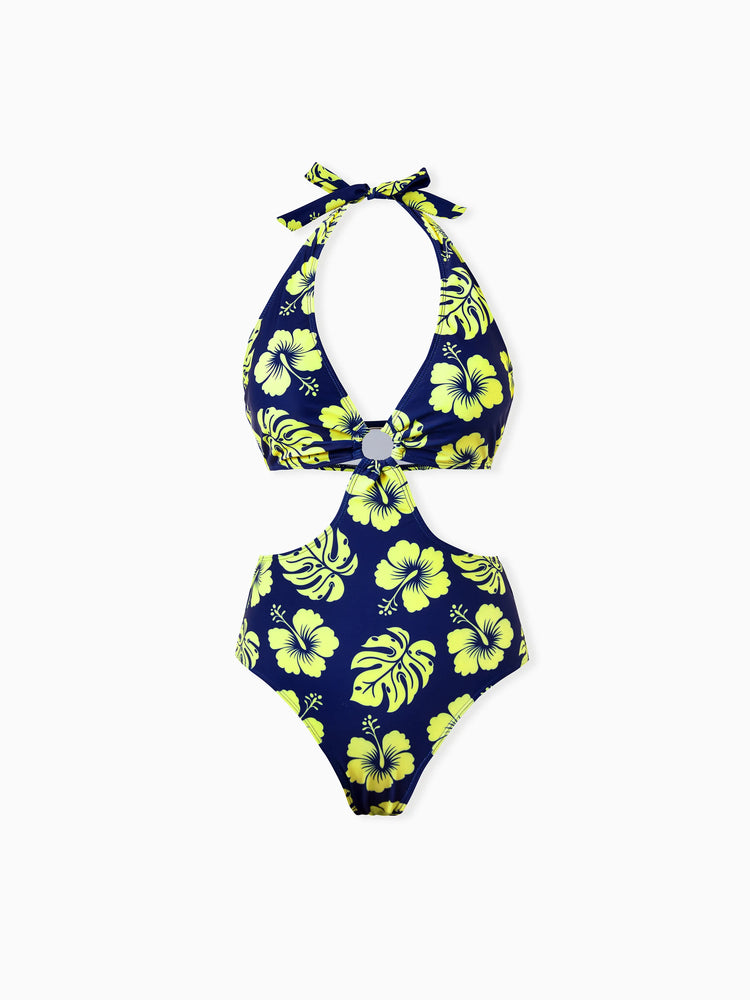 Family Matching Tropical Floral Swimsuits Halter Bikini & Swim Trunks Set Deep Blue