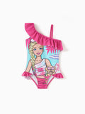 Toddler Girl Barbie Girls Ruffled Tropical Floral Print Swimsuit Hot Pink