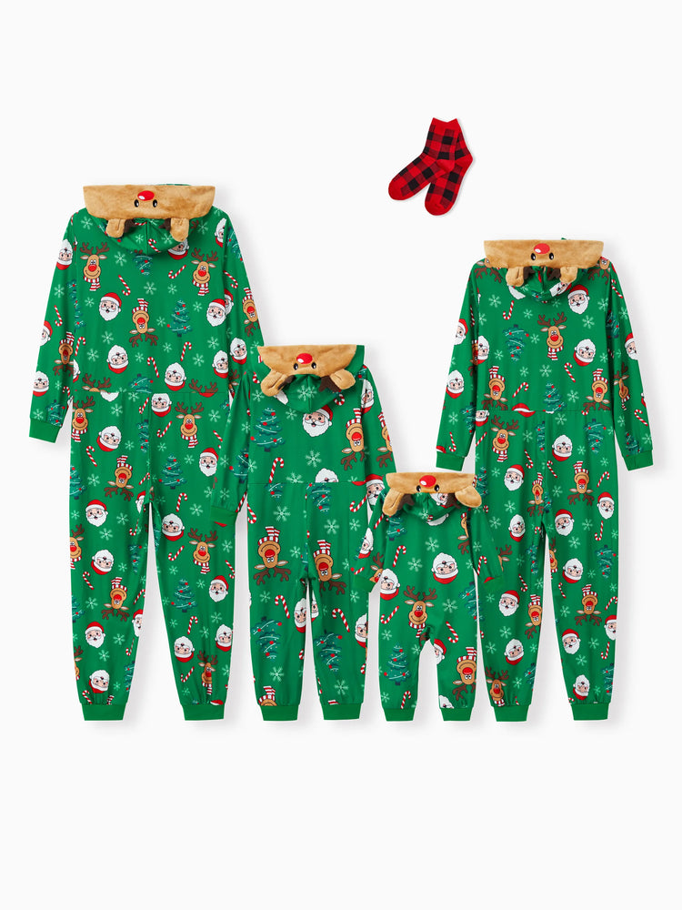Green Christmas Family Pajamas Sets 3D Reindeer Hooded Allover Print Onesies Green