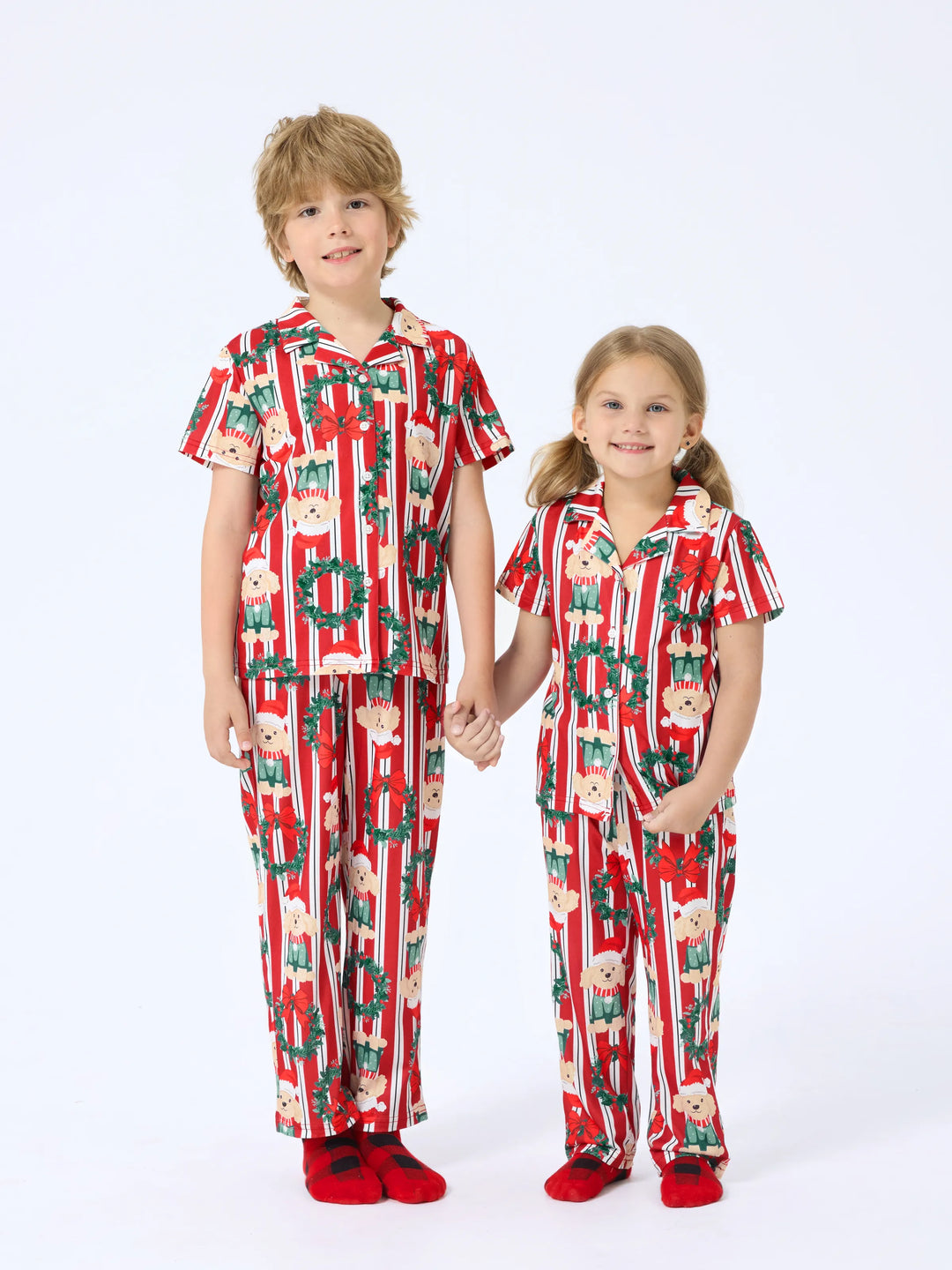 Weihnachten Passendes Familienpyjama-Set Weihnachten Doggy Print Rot Pyjama mit Weihnachtssocken rot