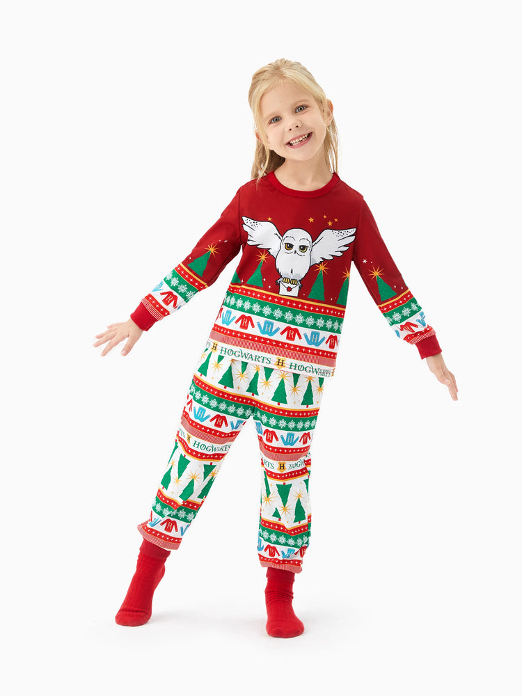 Harry Potter Christmas Matching Family Pajamas Set Christmas Tree Owl Pattern Long-sleeve PJS with Christmas Socks Red