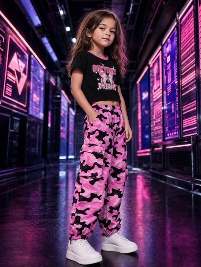 NEON Pop Toddler/Kid Girl Cargo Pants Set Hot Pink
